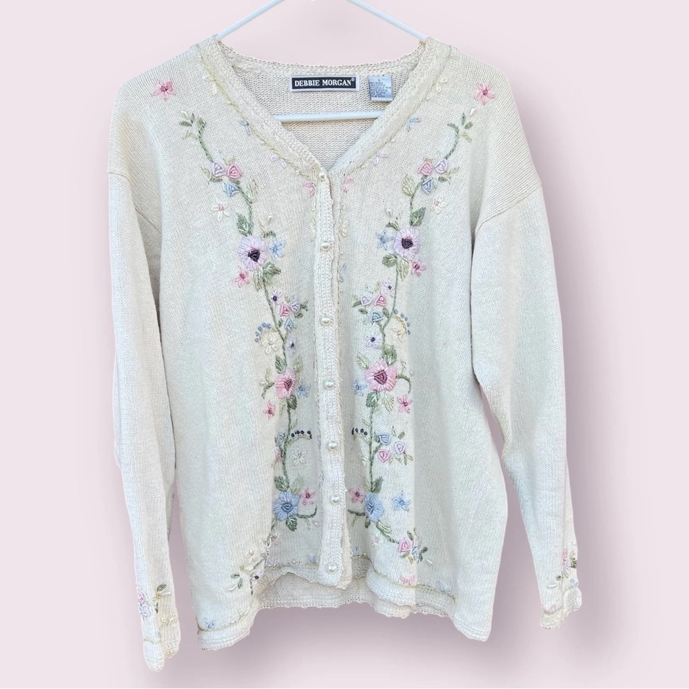 VINTAGE DEBBIE MORGAN FLORAL EMBROIDERED CARDIGAN, SZ L